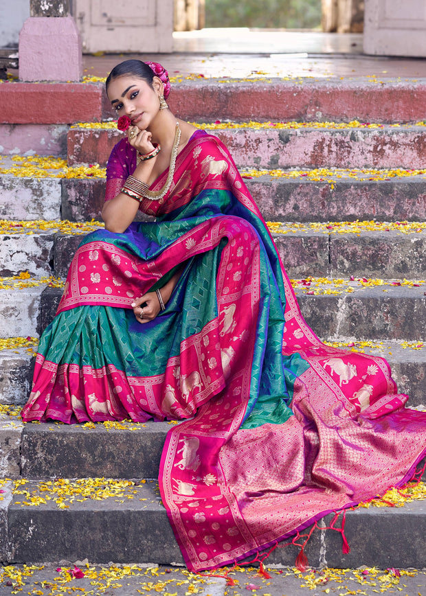 Blue And Pink Woven Banarasi Silk Saree