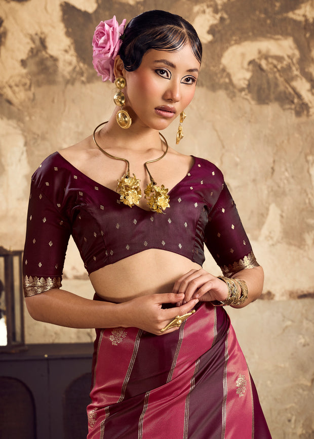 Pink And Maroon Rangkat Satin Silk Saree