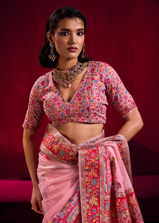 Aurora Pink Woven Cotton Kashmiri Jamewar Saree
