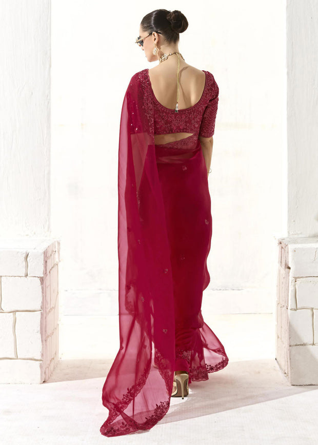 Beet Red Designer Organza Tissue Silk Saree