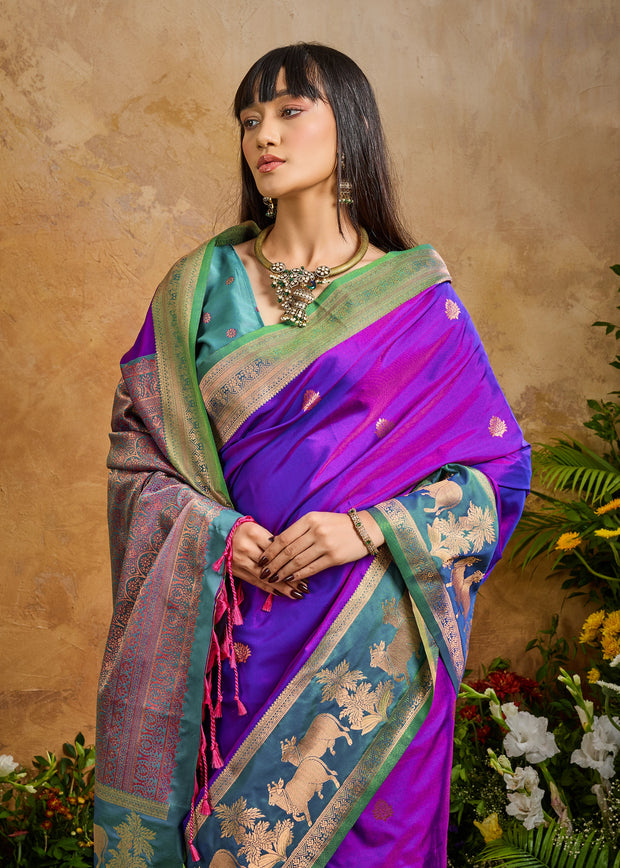 Bright Purple Woven Banarasi Silk Saree