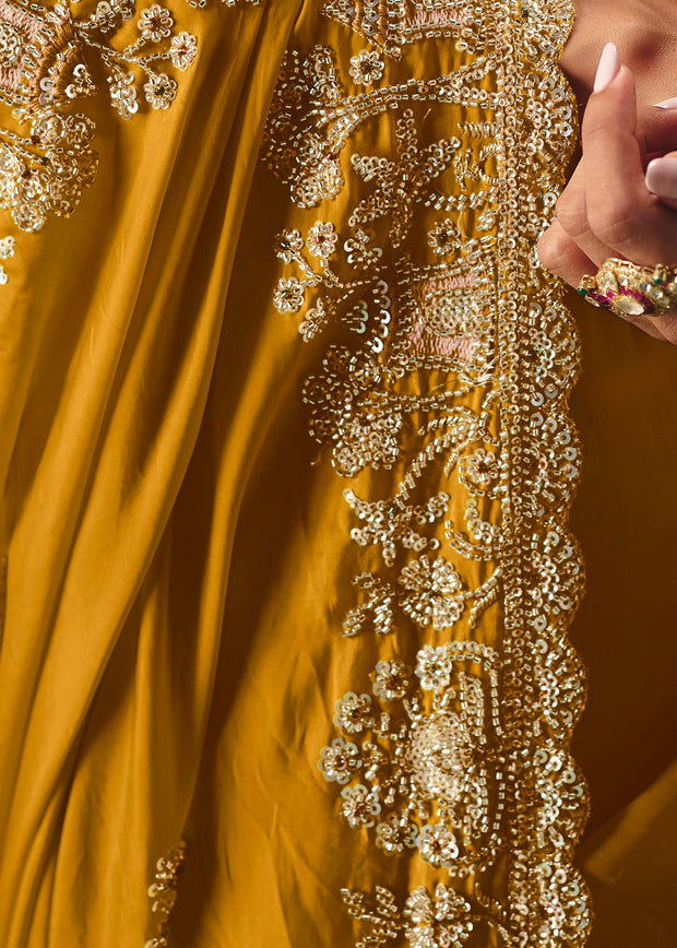 Mustard Yellow Embroidered Designer Saree