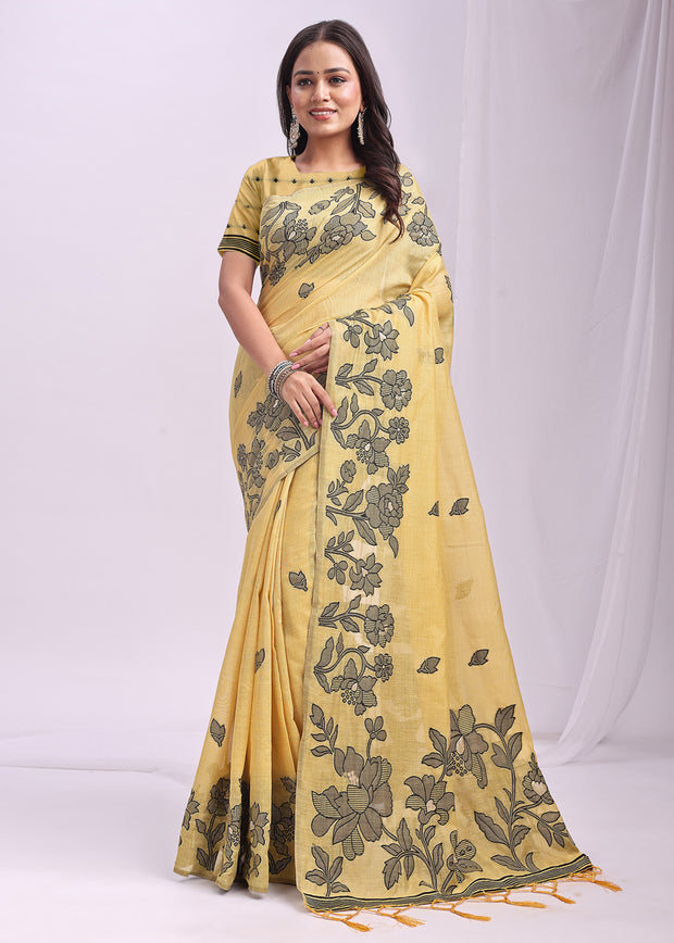Vanilla Yellow Woven Cotton Linen Silk Saree