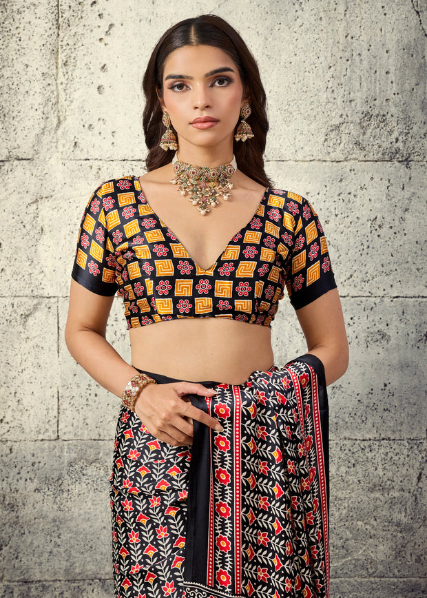 Black Printed Satin Silk Saree