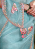 Sky Blue Heavy Embroidered Designer Silk Saree With contrast Blouse