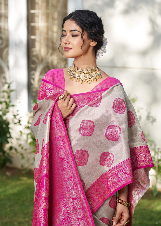 Magenta Pink Woven Banarasi Silk Saree