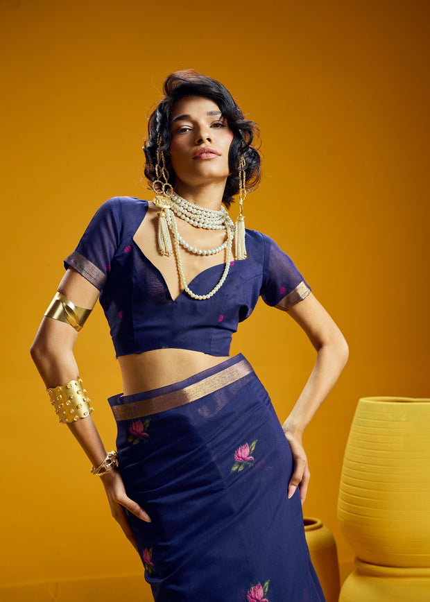 Indigo Blue Woven Munga Cotton Silk Saree