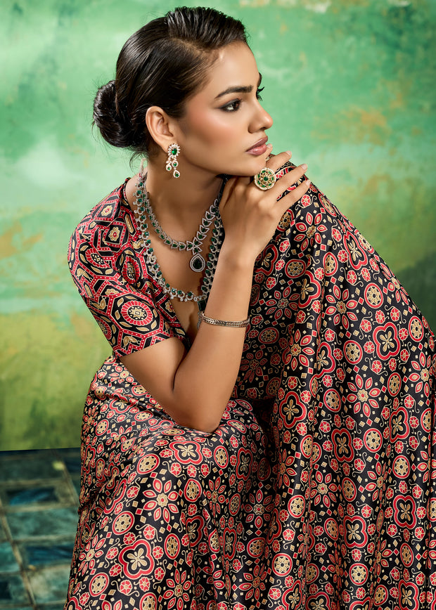 Black And Red Printed Satin Silk Saree