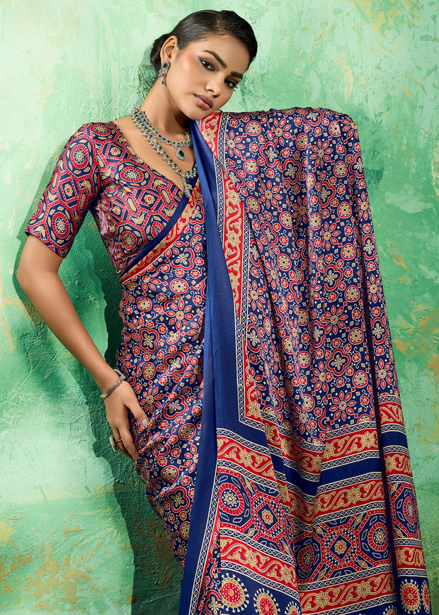Blue Printed Satin Silk Saree