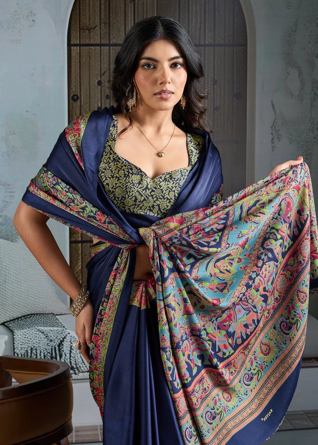 Patriot Blue Printed Satin Silk Saree