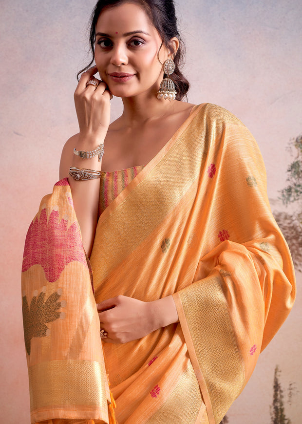 Orange Peach Woven Linen Cotton Silk Saree