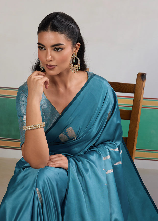 Heritage Blue Woven Satin Silk Saree
