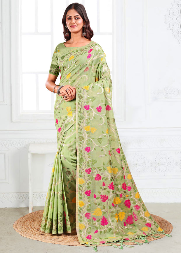 Pista Green Woven Linen Cotton Silk Saree