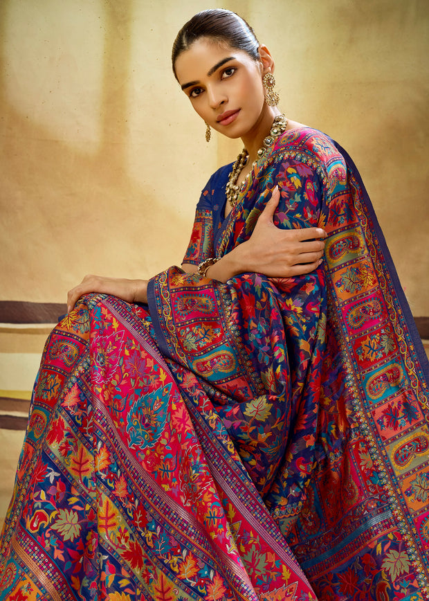 Navy Blue Woven Cotton Kashmiri Jamewar Saree