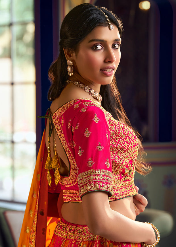 Orange And Pink Heavy Banarasi Designer Lehenga