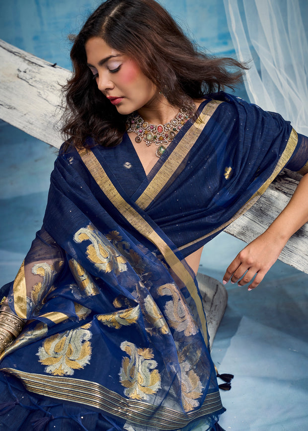 Midnight Blue Woven Cotton Silk Saree