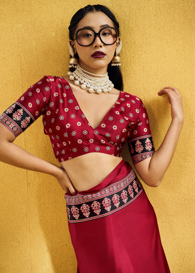 Red Satin Silk Saree with Ajrakh Printed Pallu and Blouse