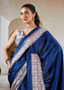 Navy Blue Printed Satin Silk Saree
