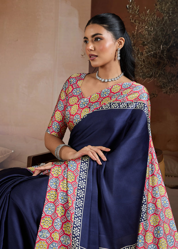 Navy Blue Printed Satin Silk Saree
