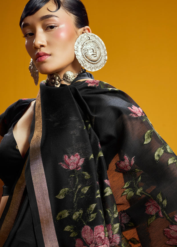 Black Woven Munga Cotton Silk Saree