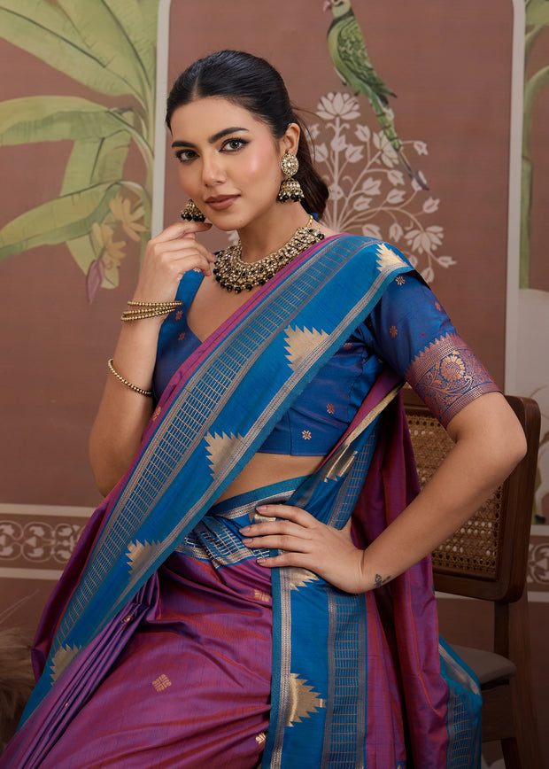 Vivd Purple Woven Tussar Silk Saree