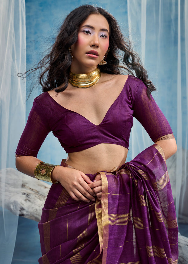 Plum Purple Woven Munga Cotton Saree
