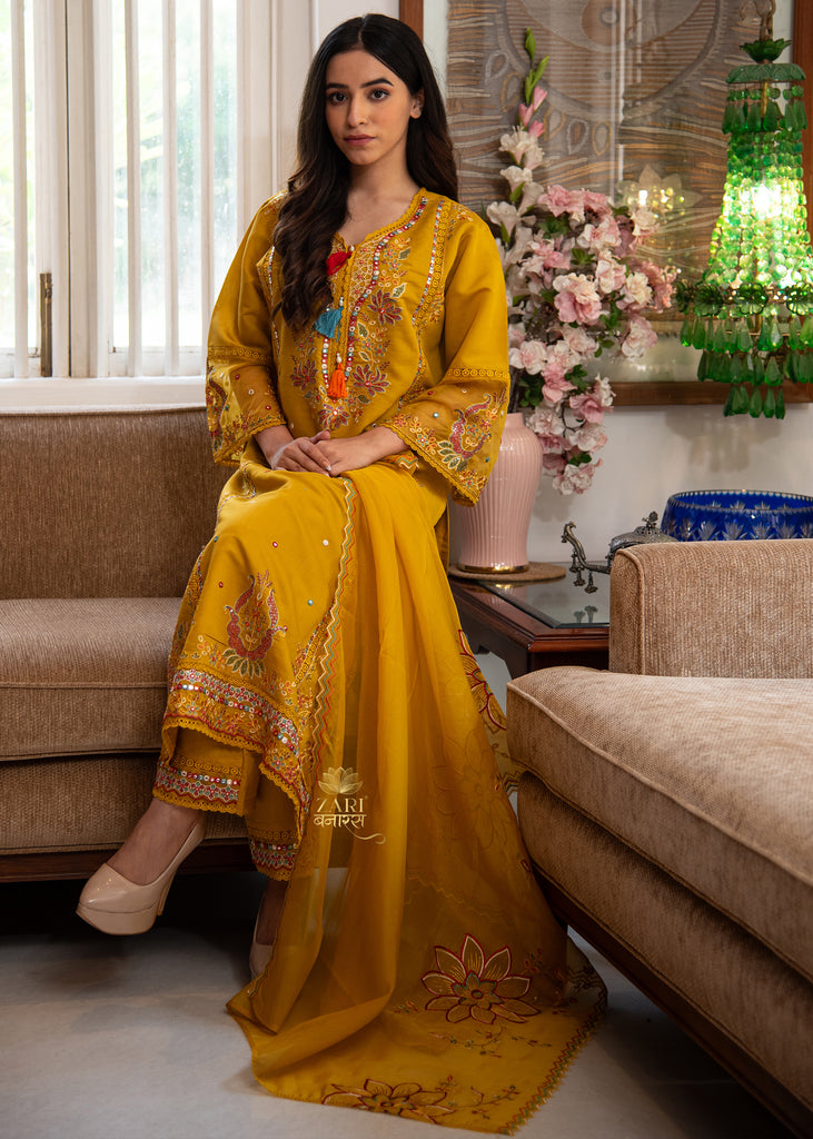Golden Yellow Embroidered Silk Suit Set (10702899806401)