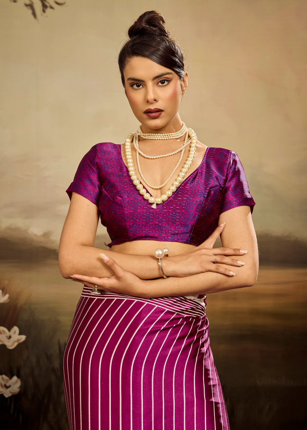 Dahlia Purple Printed Satin Silk Saree