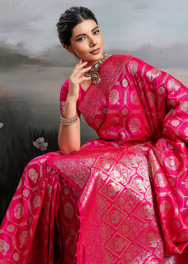 Fuchsia Pink Woven Banarasi Silk Saree