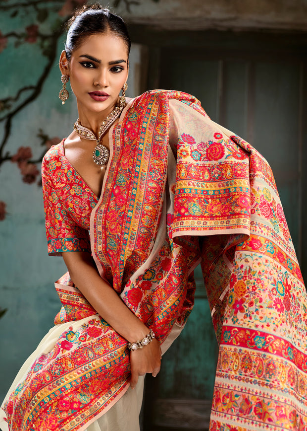 Creamy White Woven Cotton Kashmiri Jamewar Saree