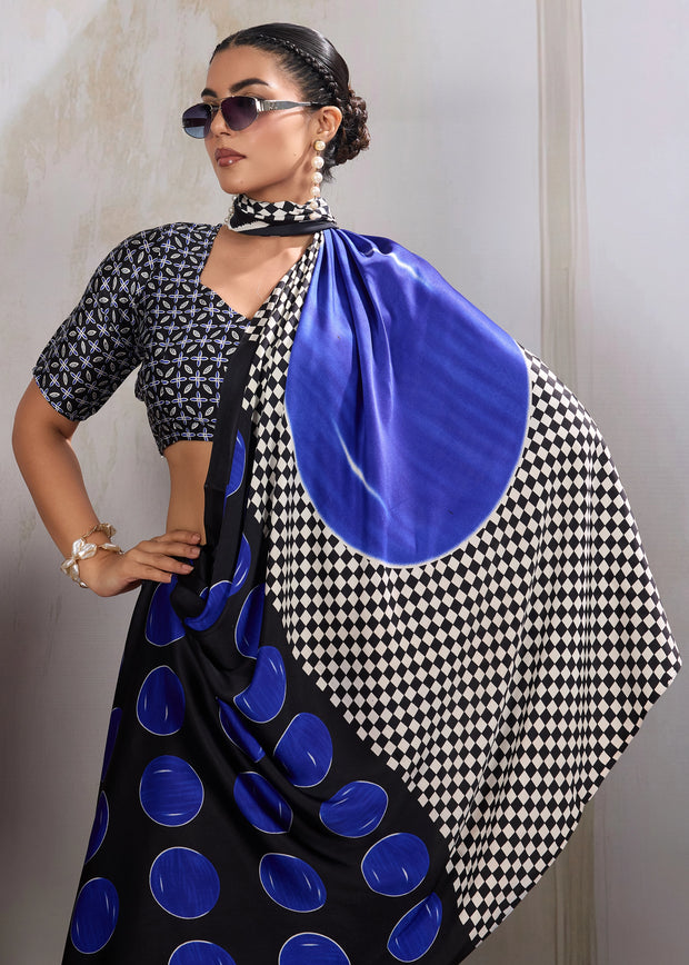 Blue Printed Satin Silk Saree