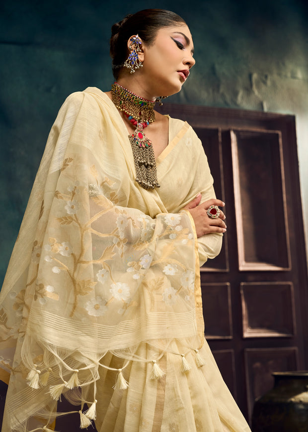 Cream White Woven Munga Cotton Silk Saree