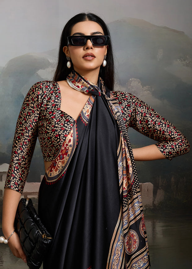 Ink Black Printed Satin Silk Saree