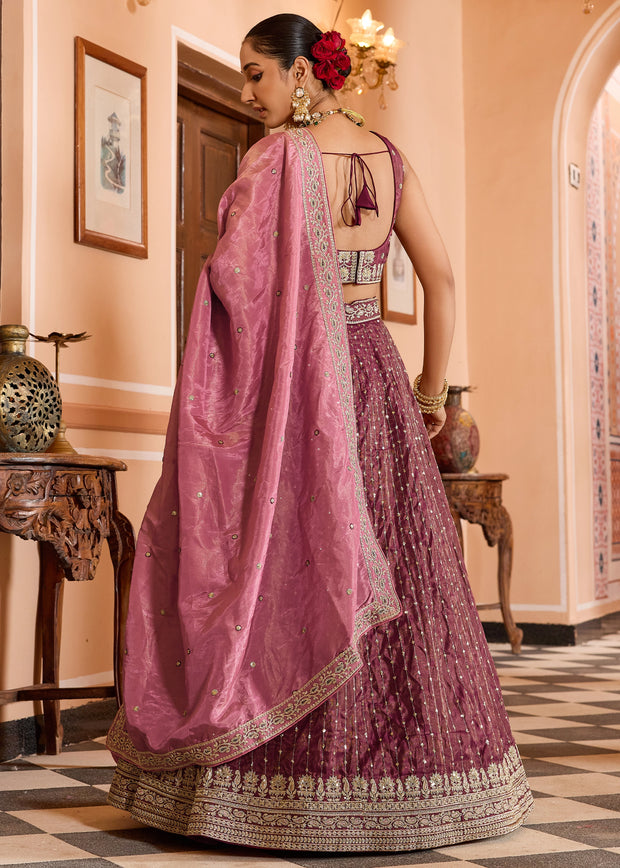 Dry Pink Rose Tissue Silk Embroidered Lehenga