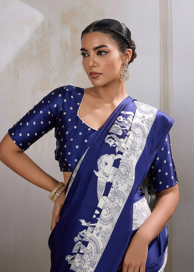 True Blue Printed Satin Silk Saree