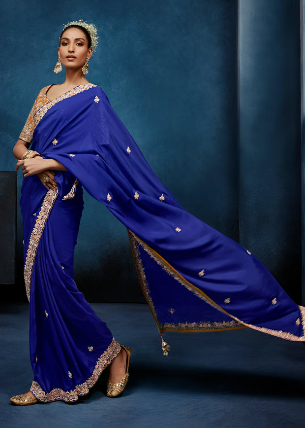 Royal Blue Embroidered Designer Tissue Saree