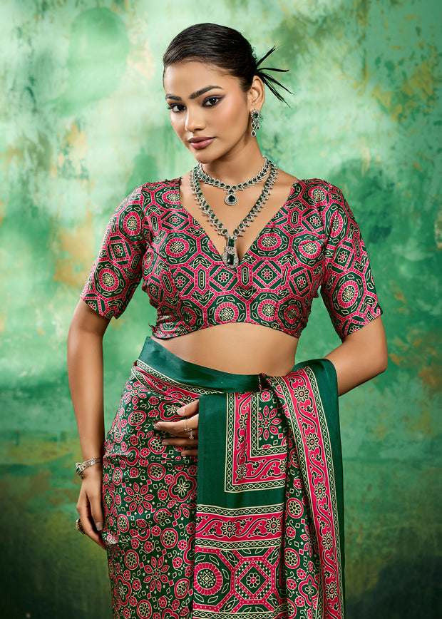 Green And Pink Printed Satin Silk Saree