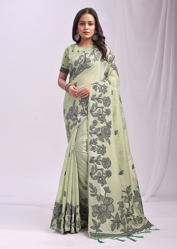 Pistachio Green Woven Cotton Linen Silk Saree