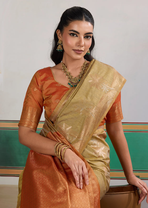 Khadi Beige Woven Tussar Silk Saree