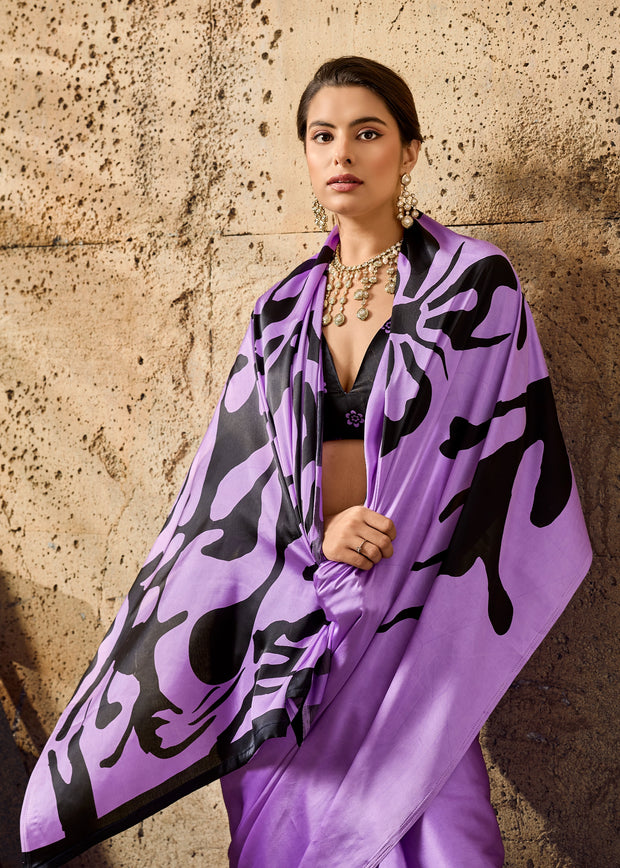 Lavender Purple Printed Satin Silk Saree