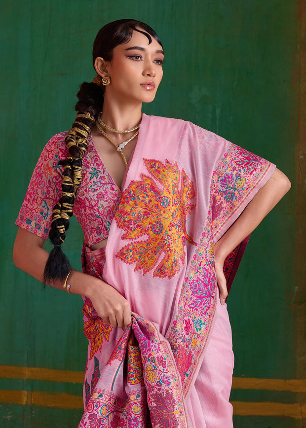 Powder Pink Woven Cotton Kashmiri Jamewar Saree