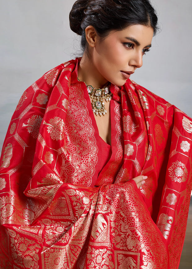 Vermilion Red Woven Banarasi Silk Saree