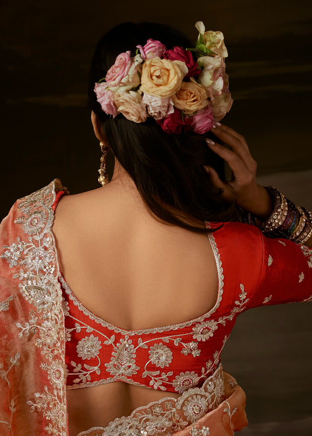 Peachy Orange Embroidered Designer Organza Saree