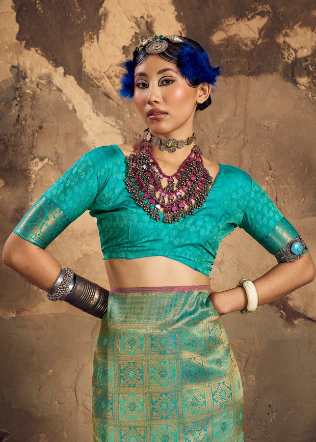 Peacock Green Woven Kanjivaram Silk Saree