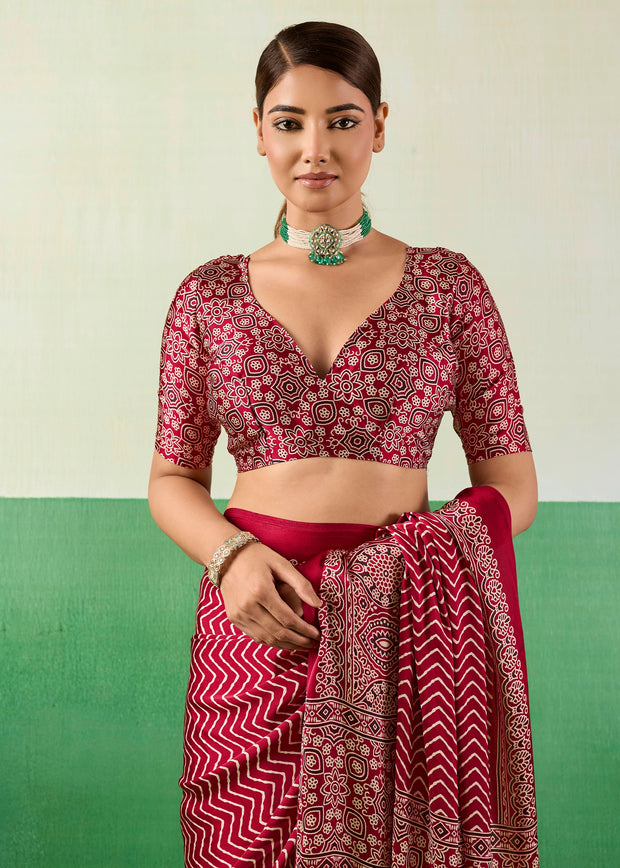 Deep Red Printed Satin Silk Saree
