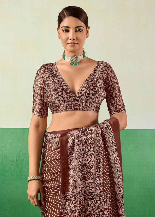 Coffee Brown Printed Satin Silk Saree