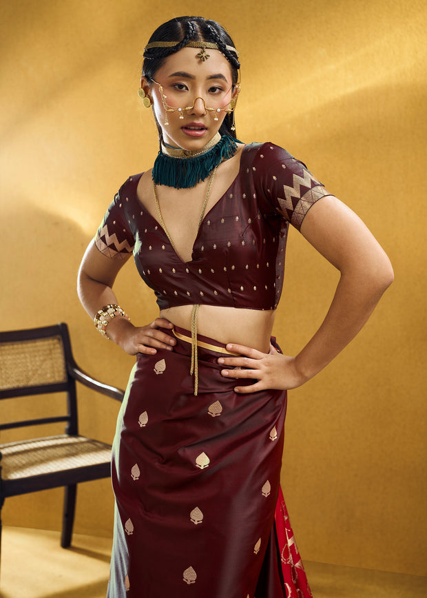 Dark Maroon Woven Banarasi Satin Silk Saree