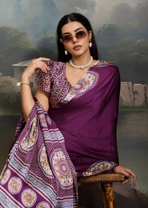 Wine Purple Printed Satin Silk Saree