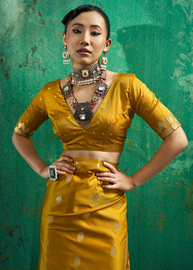Memosa Yellow Woven Banarasi Satin Silk Saree