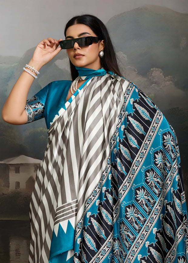 Ocean Blue And White  Printed Satin Silk Saree